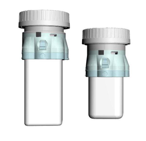 The device on two standard pharma bottle sizes