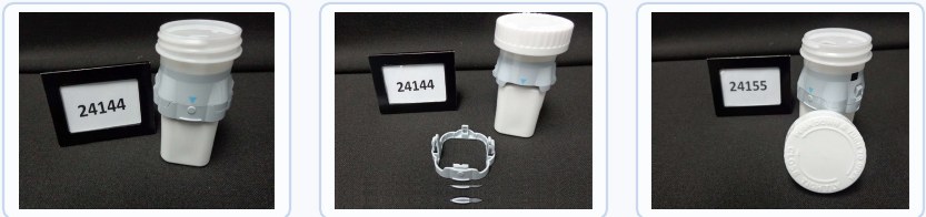 Test articles as presented — job 24144 (belt with device; belt removed) and job 24155 (closure with instructions).