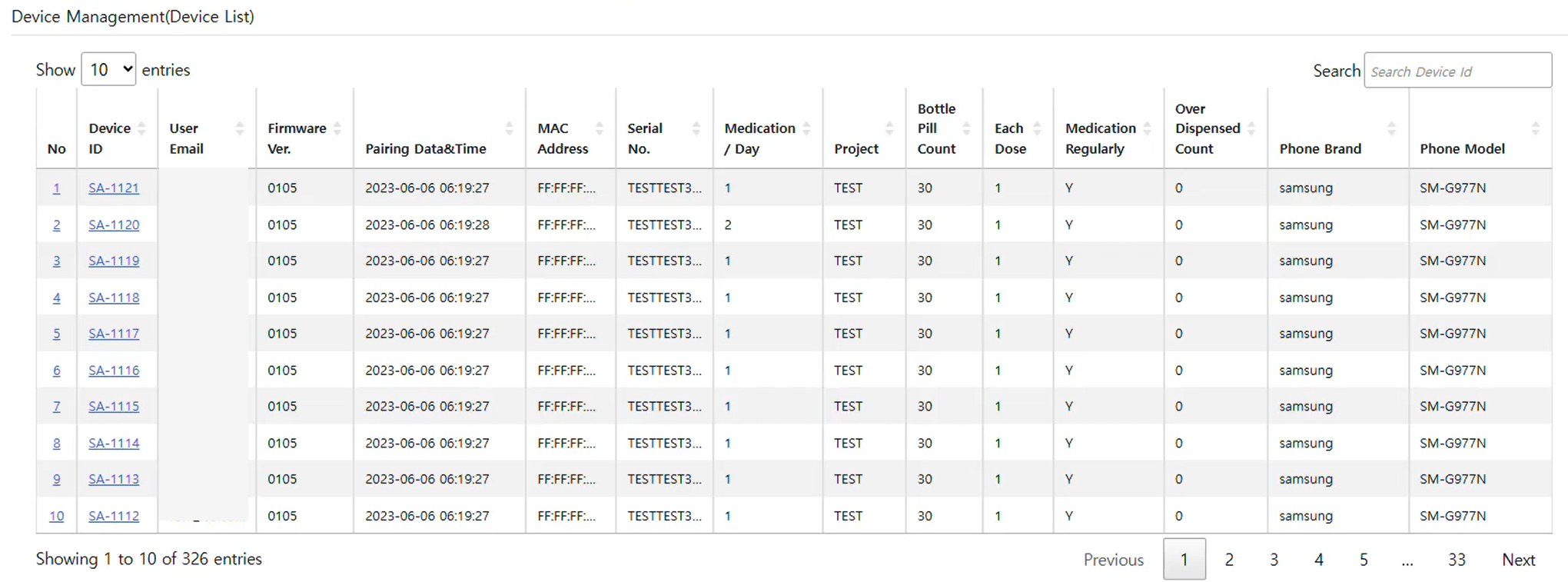 Device list: firmware, pairing time, regimen, bottle count, over-dispensed count, phone.